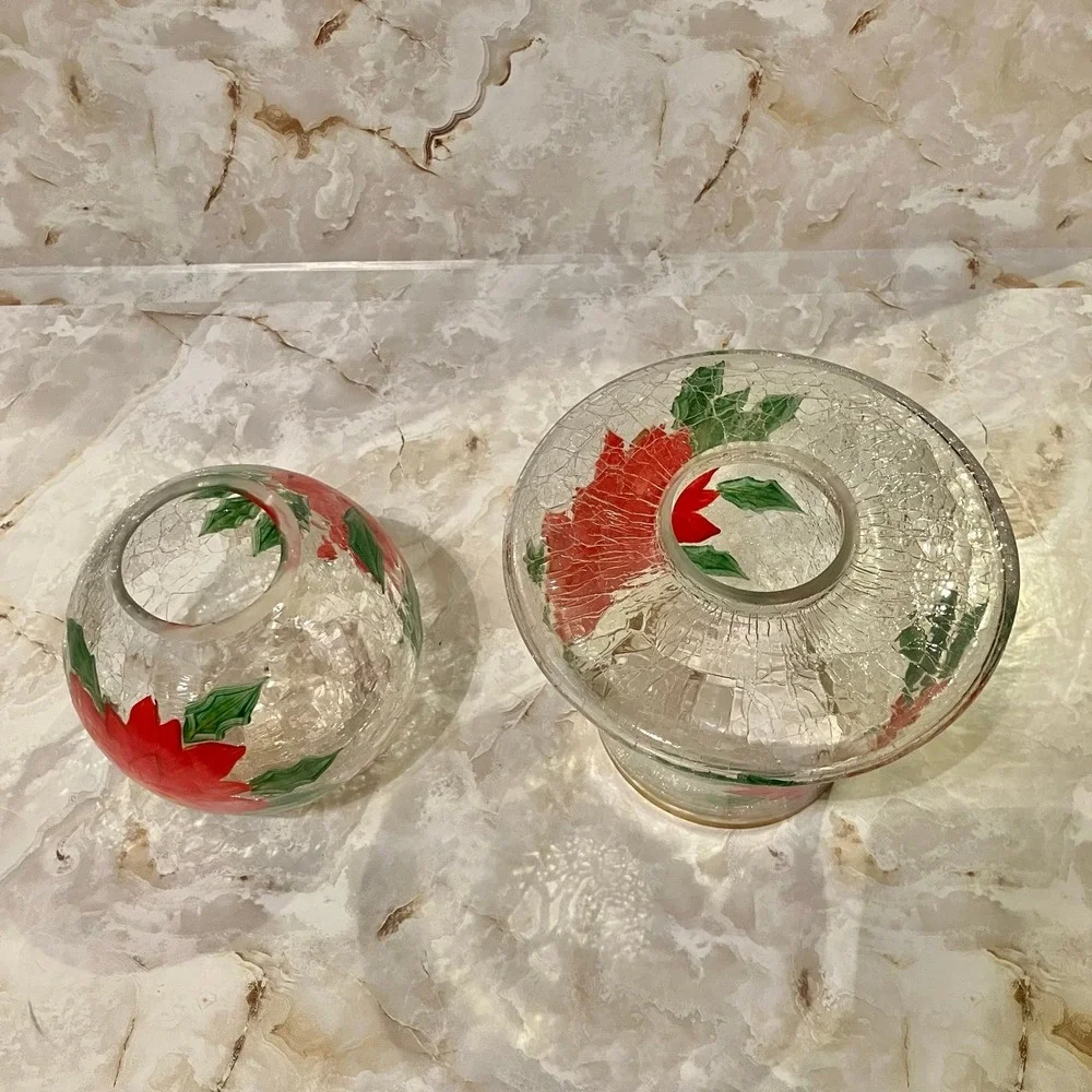Yankee Candle Crackle Glass Poinsettia Lamp Set Votive Holder Hurricane Shade